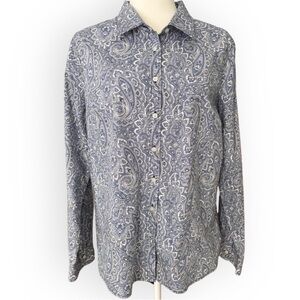 Talbots Cotton Button Front Paisley Shirt Blue and White Size L